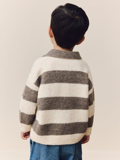 Grey/Brown Stripe Knitted Rugby Polo Shirt Immediate