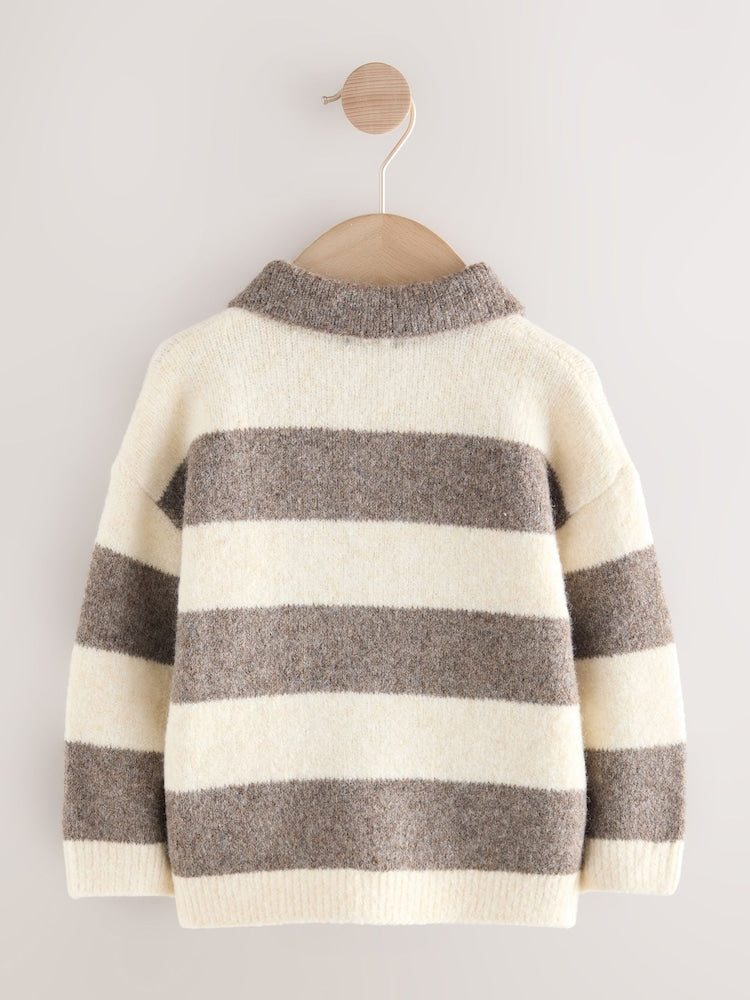 Grey/Brown Stripe Knitted Rugby Polo Shirt Immediate