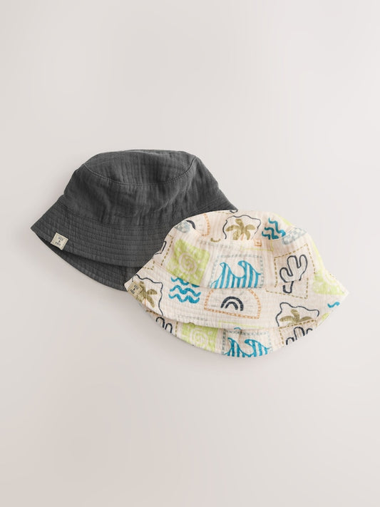Grey Stampy Printed Woven Baby Bucket Hats 2 Pack (0mths-2yrs)