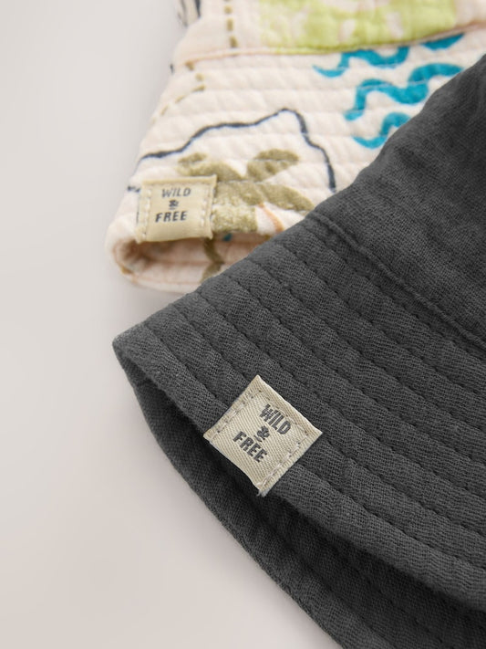 Grey Stampy Printed Woven Baby Bucket Hats 2 Pack (0mths-2yrs)