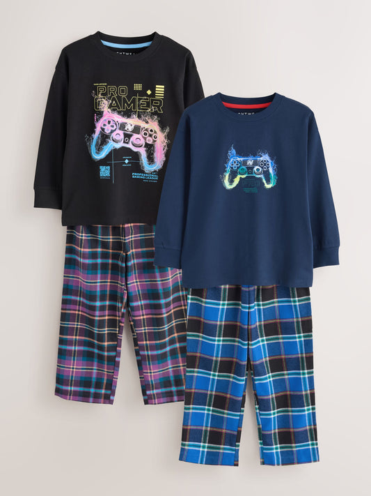 Multi Football Gamer Woven Check Pyjamas 2 Pack (3-16yrs) - image 1