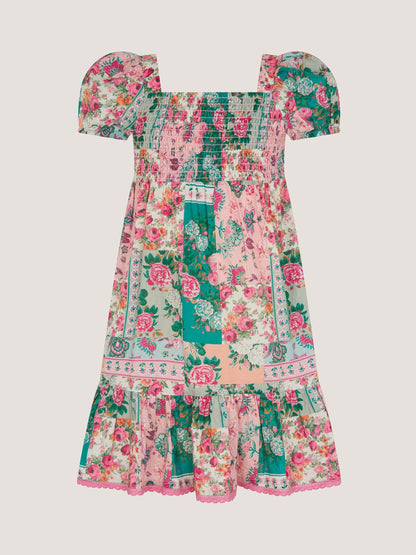 Monsoon Green Floral Patchwork Shirred Dress image 1