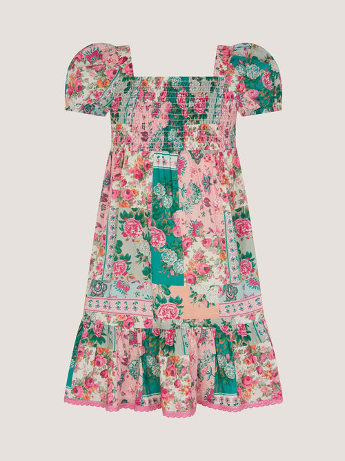 Monsoon Green Floral Patchwork Shirred Dress image 1