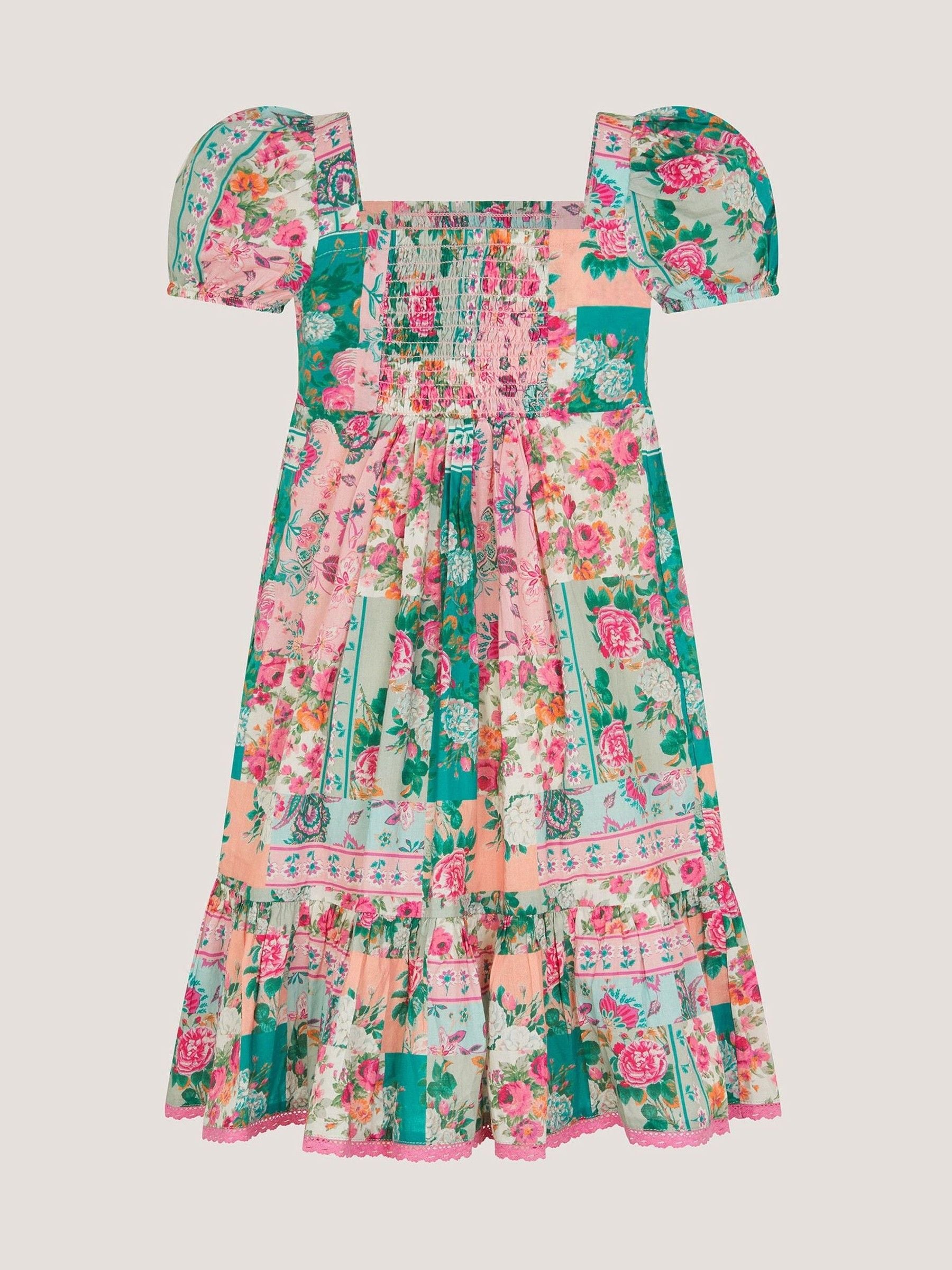 Monsoon Green Floral Patchwork Shirred Dress image 2