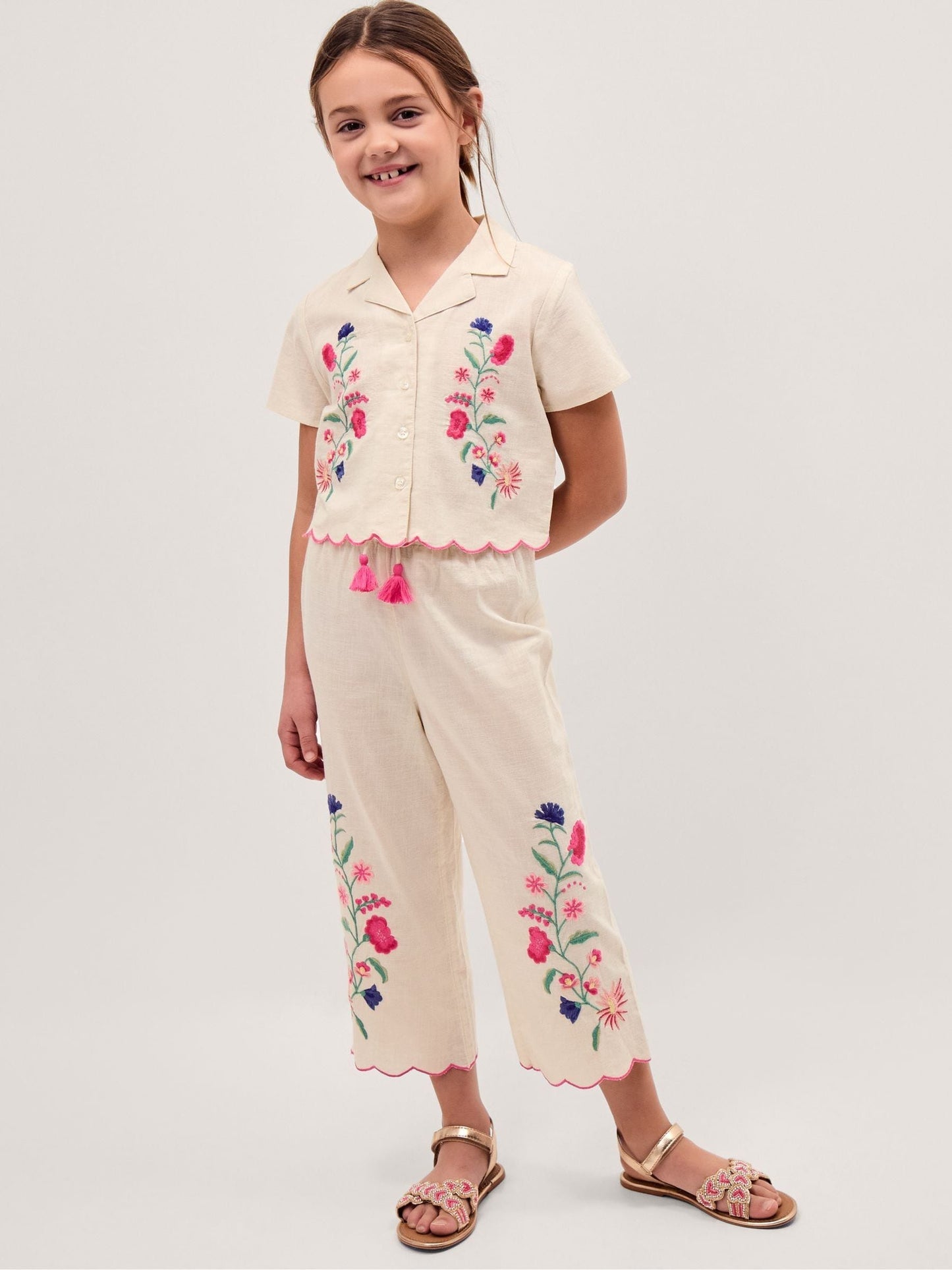 Monsoon White Floral Embroidered Shirt & Trousers Set image 1