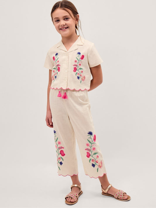 Monsoon White Floral Embroidered Shirt & Trousers Set image 1
