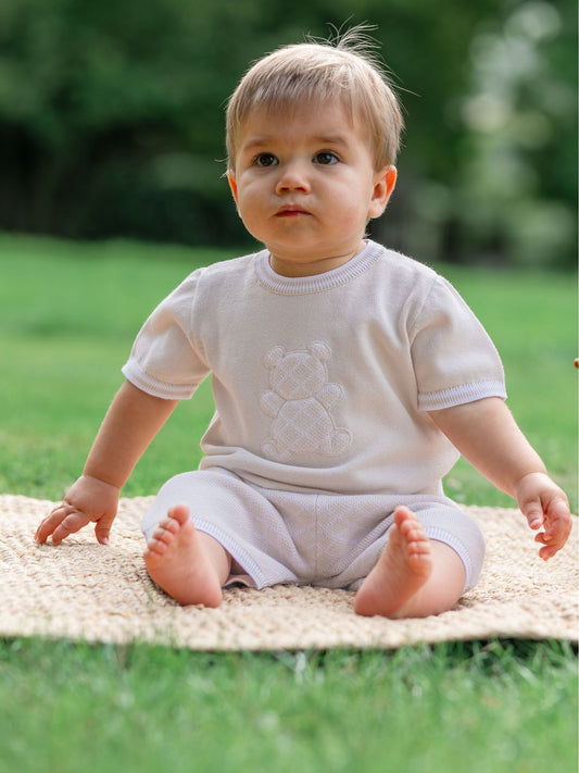 Emile Et Rose Natural Lennox Knitted Top And Shorts Set 2 Piece With Bear Motif image 1
