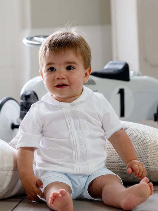 Emile Et Rose Blue Liam Top & Shorts Set 2 Piece With Zig-Zag Embroidery Pleats & Collar image 1