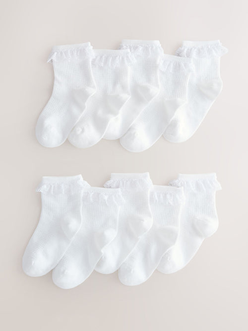 White Cotton Rich Ruffle Ankle Socks 10 Pack image 1