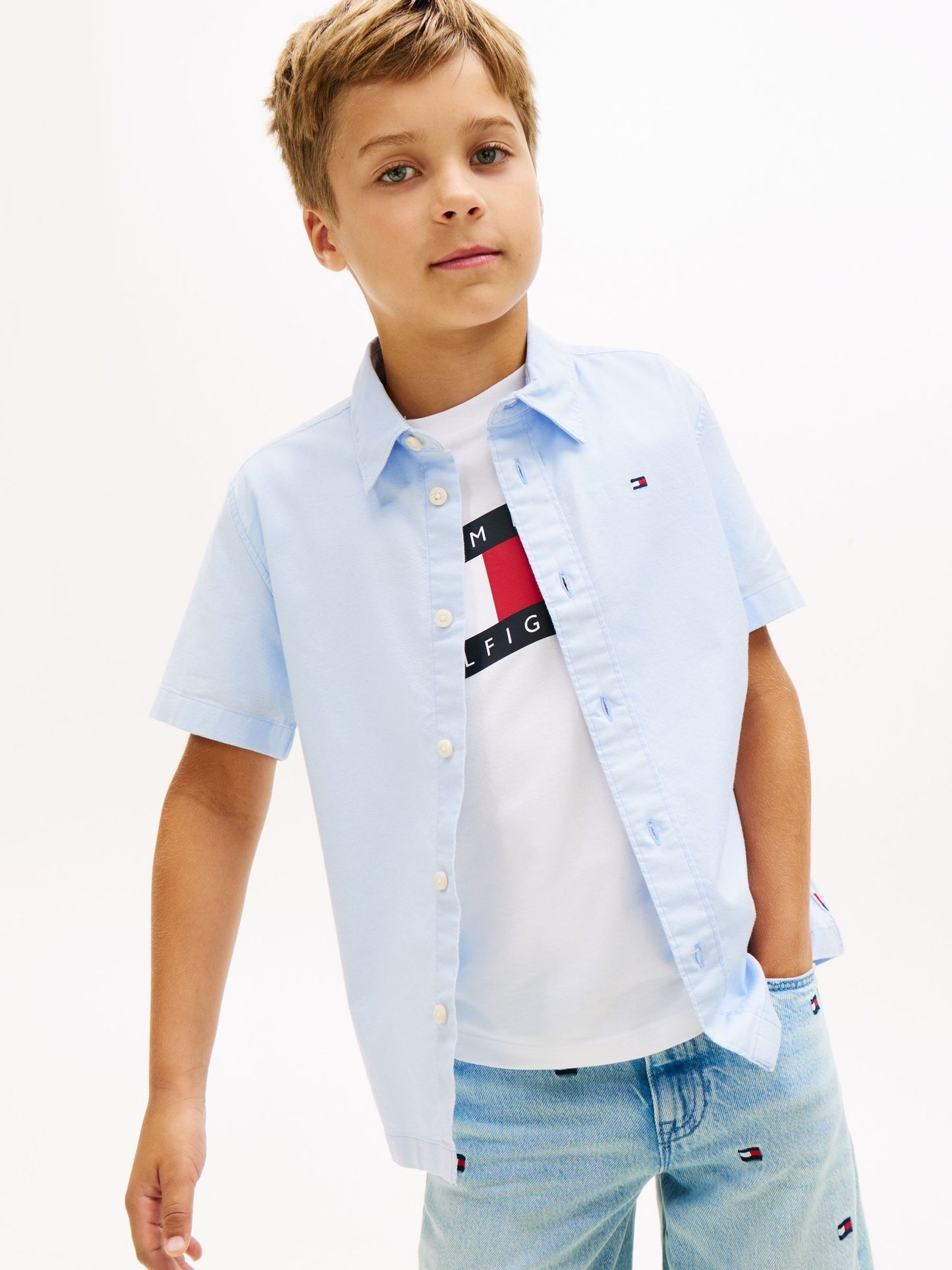 Dsiney Kidz - Tommy Hilfiger Blue Essential Flag Embroidery Short Sleeve Oxford Shirt image 1