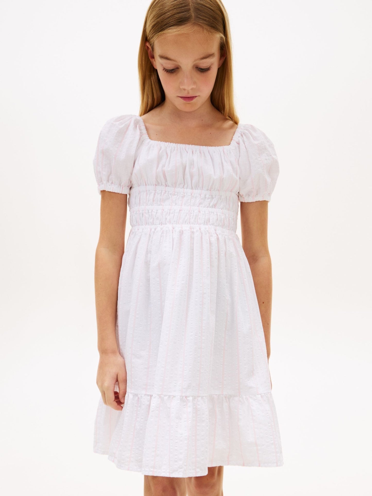 Tommy Hilfiger White Seersucker Puff Short Sleeve Dress image 3