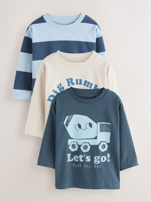 Blue Digger Long Sleeve Graphic Print T-Shirts 3 Pack (3mths-7yrs) image 1
