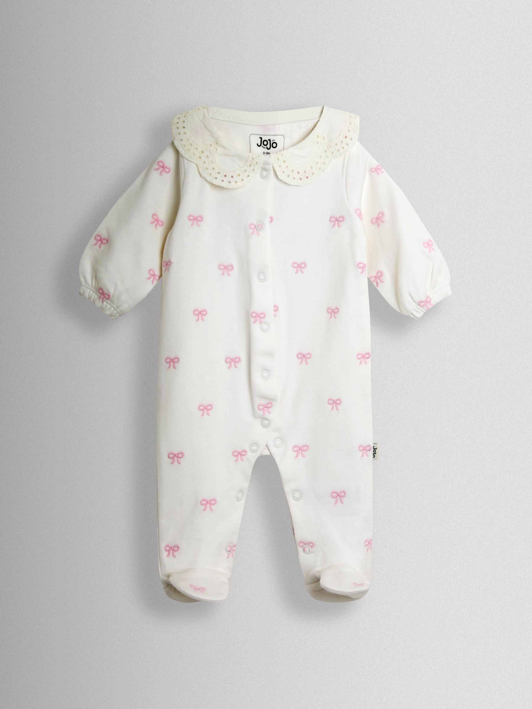 JoJo Maman Bébé Cream Pretty Bow Organic Cotton Embroidered Footed Sleepsuit image 2