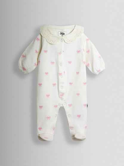 JoJo Maman Bébé Cream Pretty Bow Organic Cotton Embroidered Footed Sleepsuit image 2