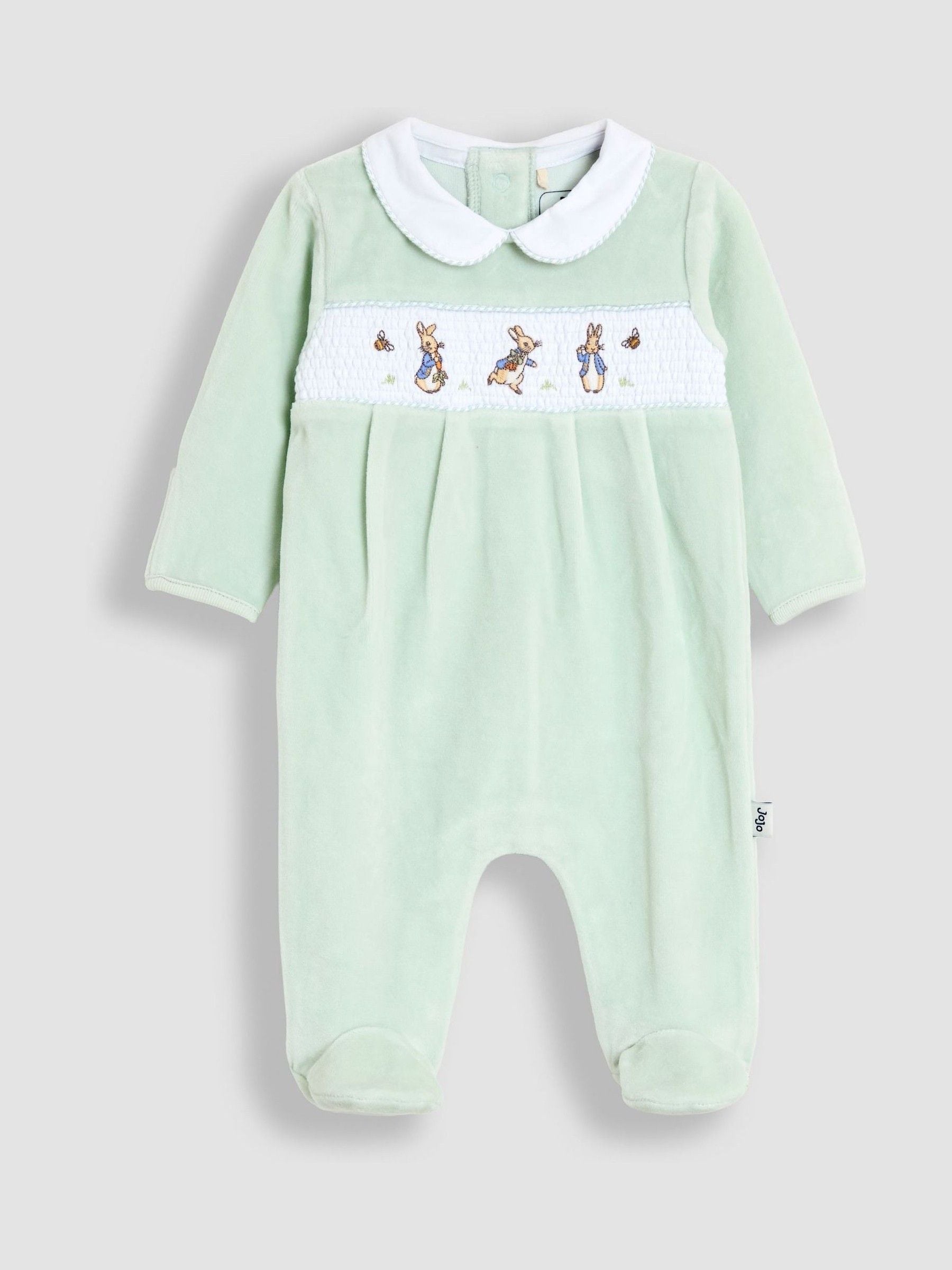 JoJo Maman Bébé Mint Peter Rabbit Velour Smocked Collared All-In-One image 1