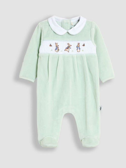JoJo Maman Bébé Mint Peter Rabbit Velour Smocked Collared All-In-One image 1