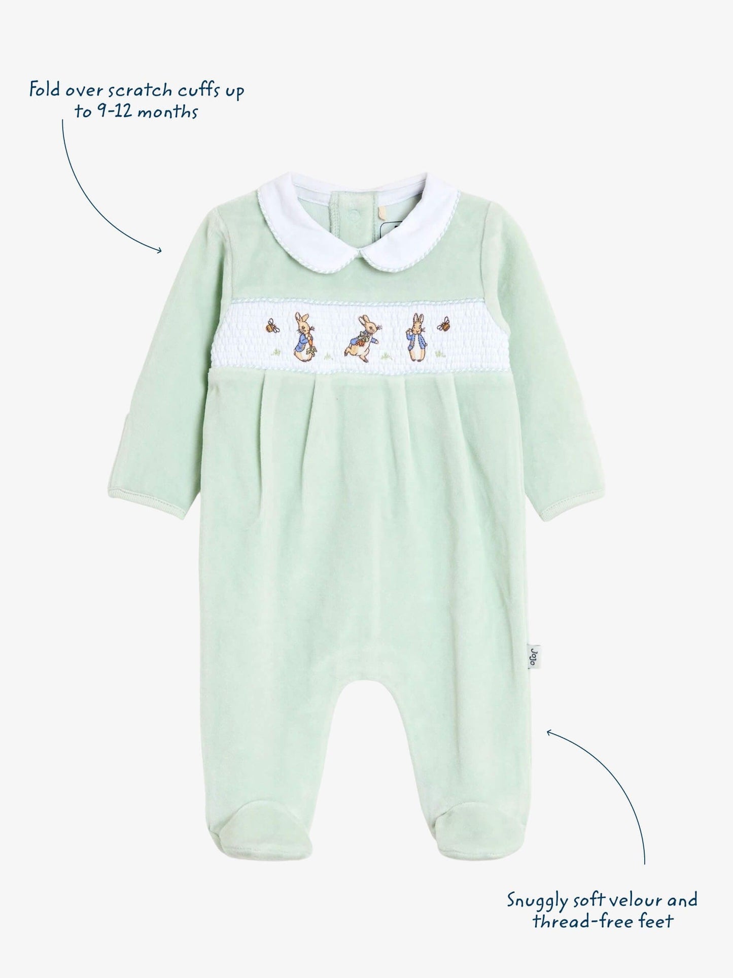 JoJo Maman Bébé Mint Peter Rabbit Velour Smocked Collared All-In-One image 4