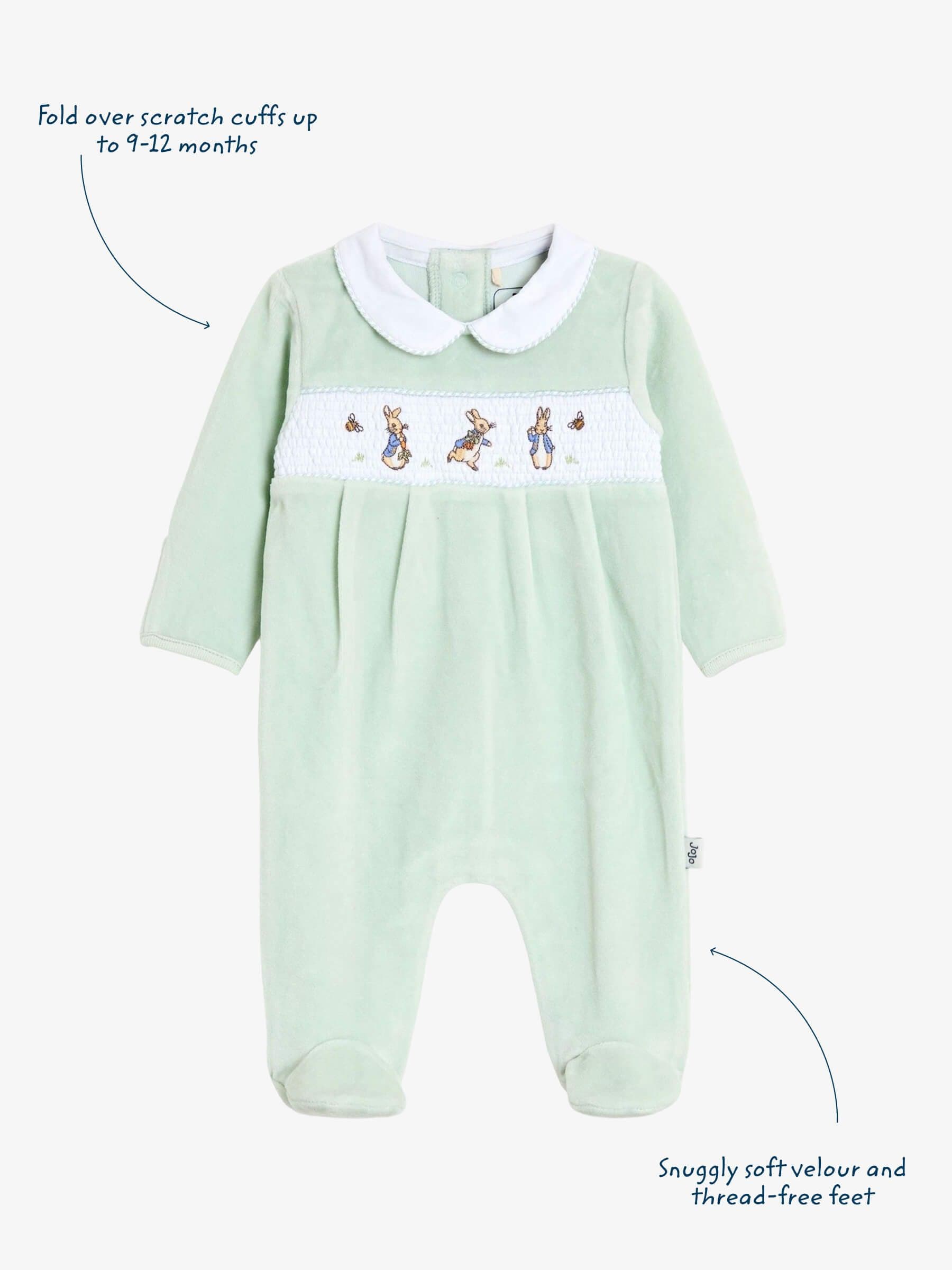 JoJo Maman Bébé Mint Peter Rabbit Velour Smocked Collared All-In-One image 4