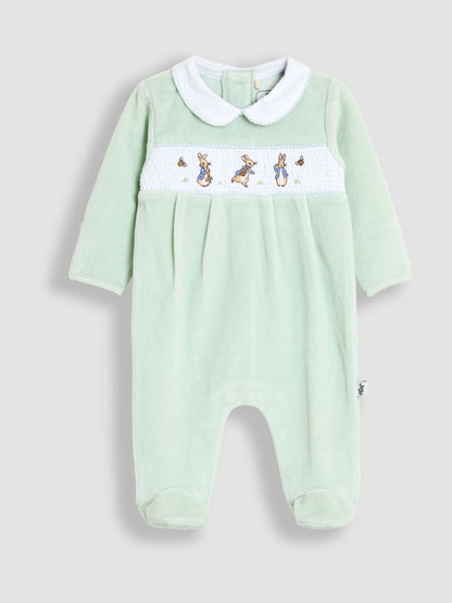 JoJo Maman Bébé Mint Peter Rabbit Velour Smocked Collared All-In-One image 1
