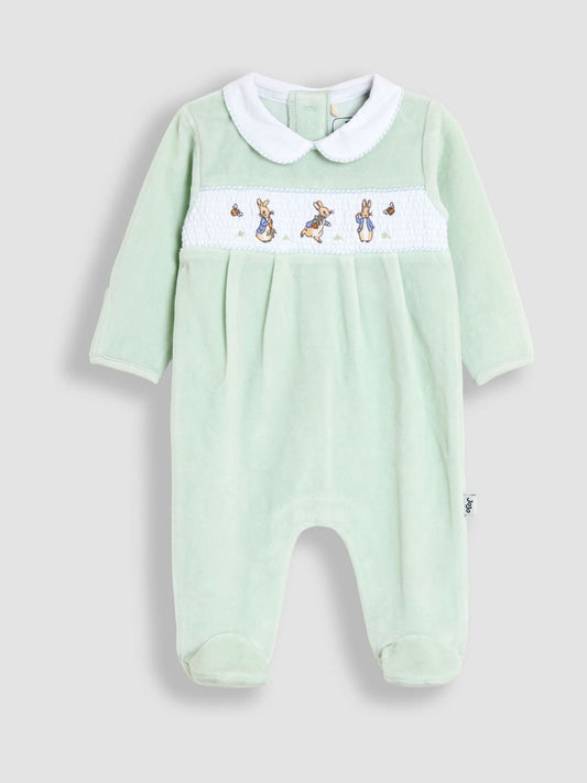 JoJo Maman Bébé Mint Peter Rabbit Velour Smocked Collared All-In-One image 1