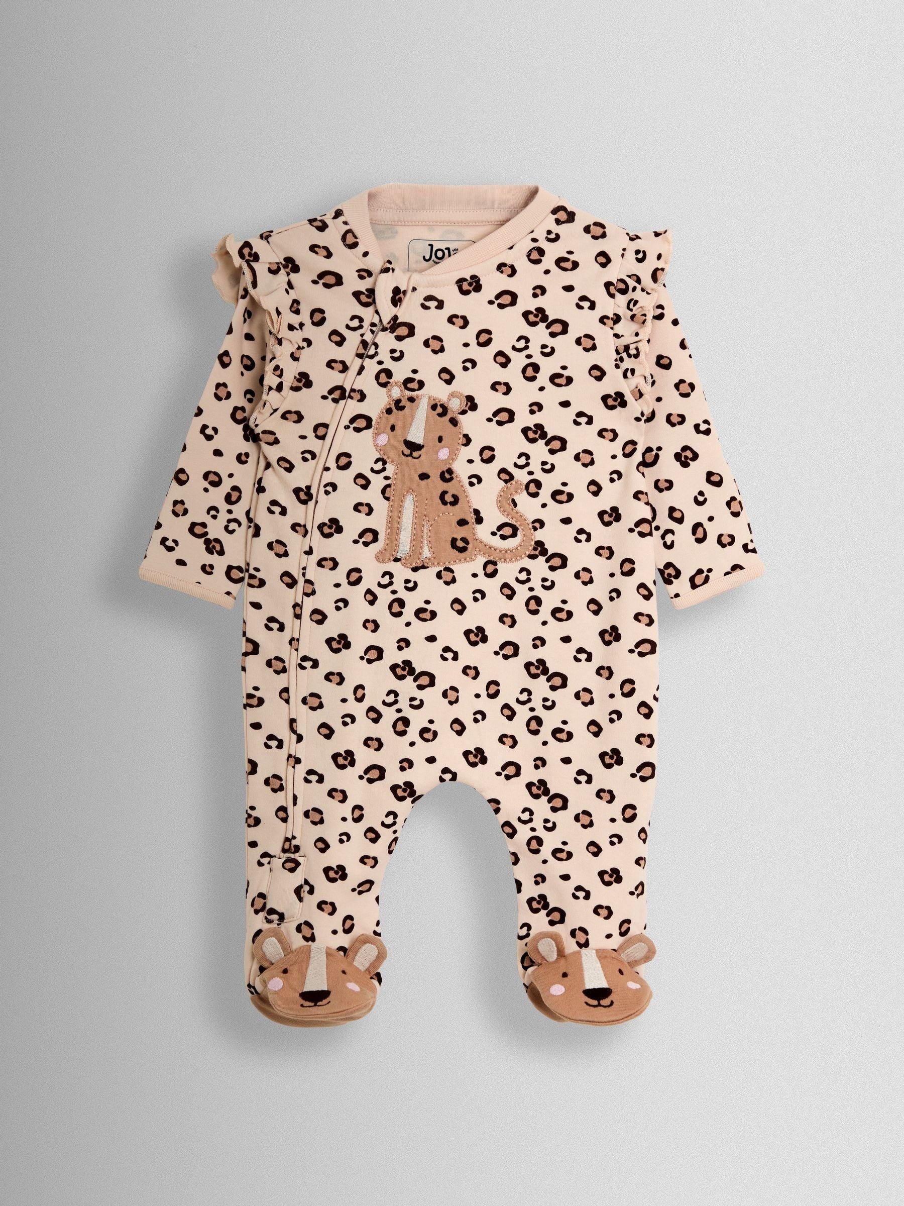 JoJo Maman Bébé Brown Leopard 100% Cotton Footed Frill Sleepsuit image 1
