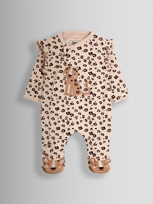 JoJo Maman Bébé Brown Leopard 100% Cotton Footed Frill Sleepsuit image 1