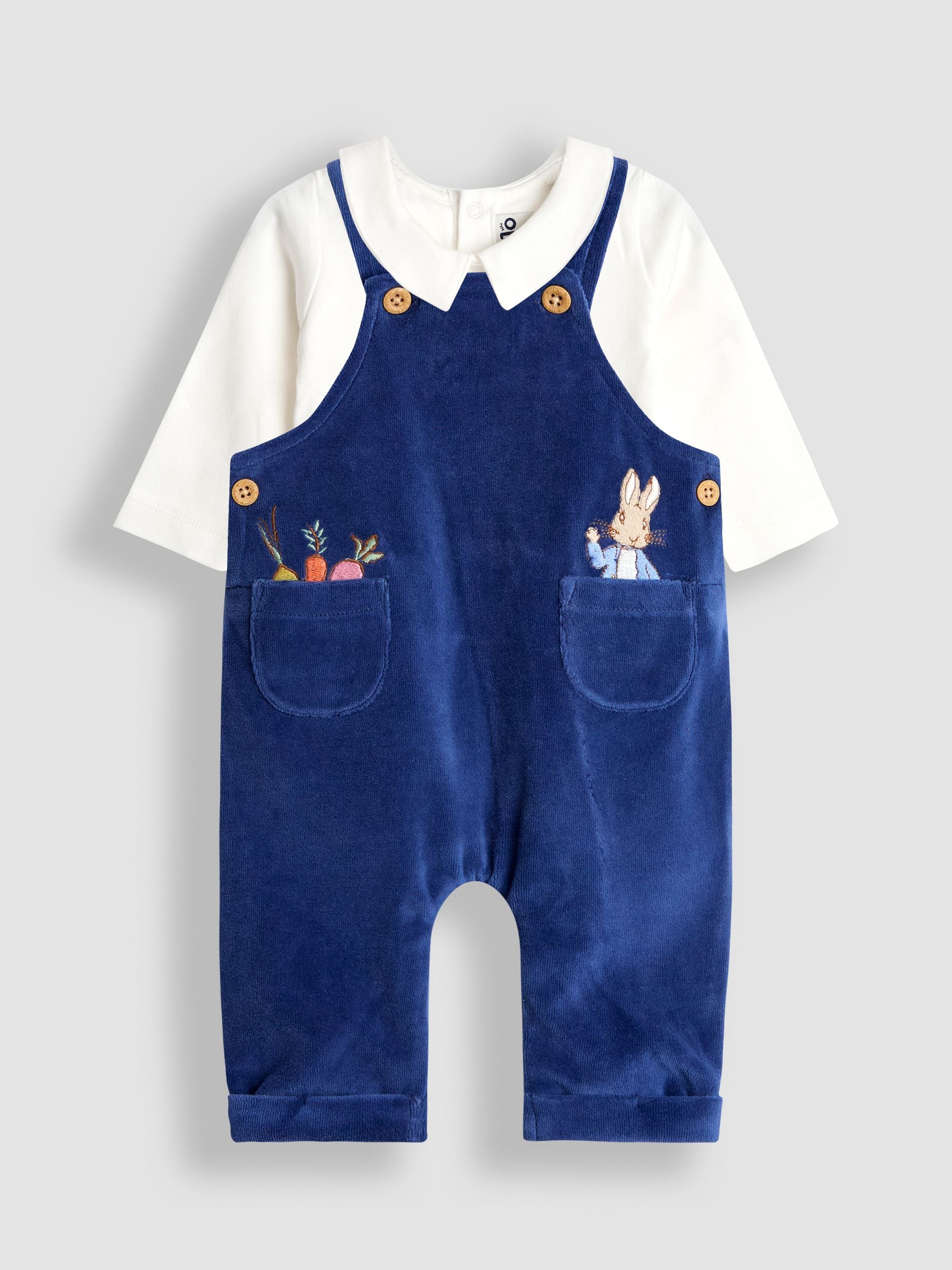 JoJo Maman Bébé Navy Peter Rabbit™ Velour Dungaree Set image 1