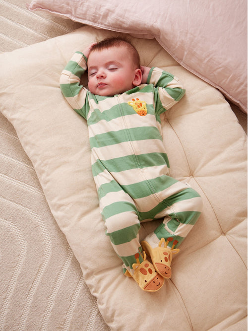 JoJo Maman Bébé Green Giraffe Wide Stripe Character Footed Sleepsuit image 1
