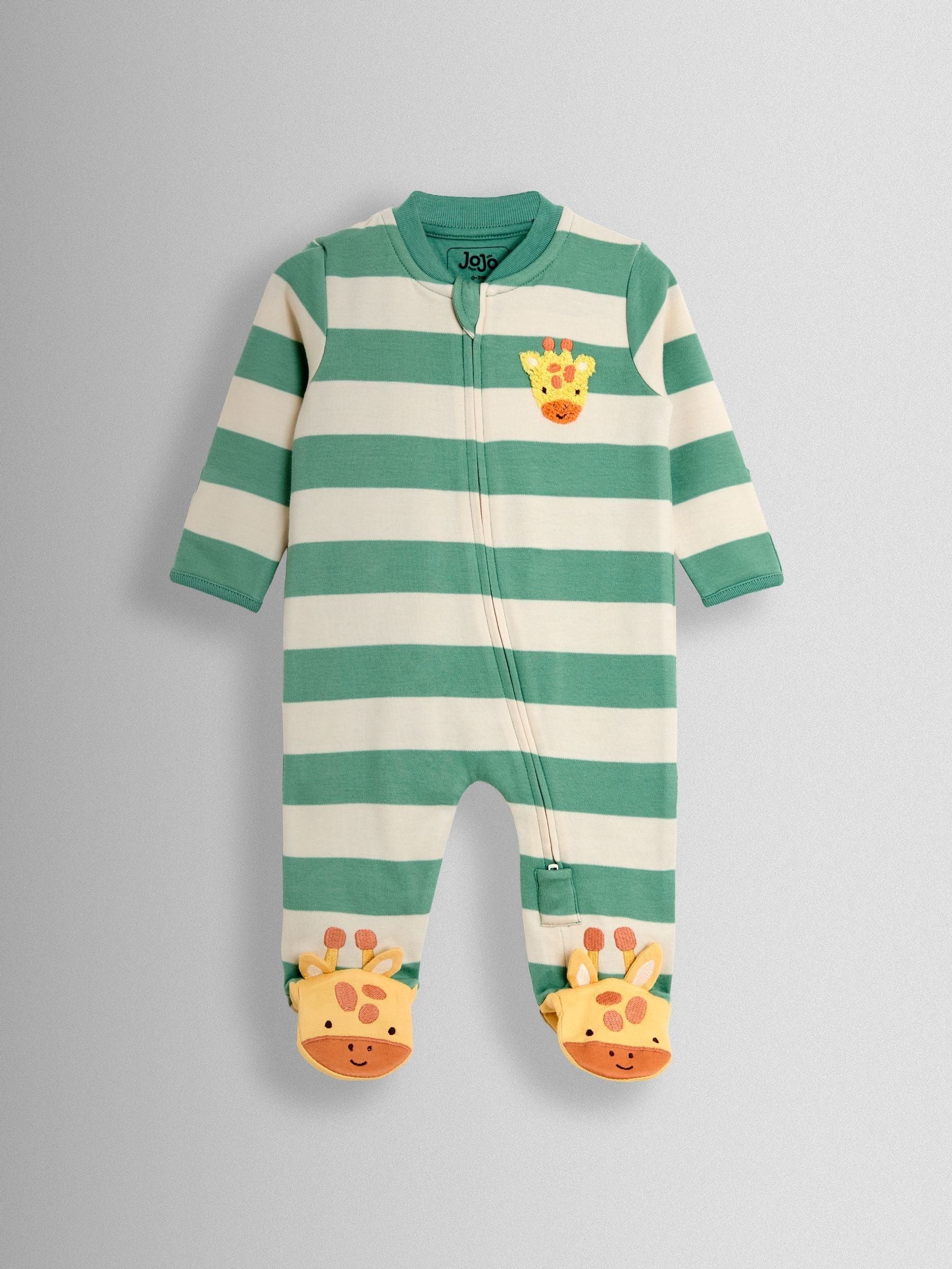 JoJo Maman Bébé Green Giraffe Wide Stripe Character Footed Sleepsuit image 3