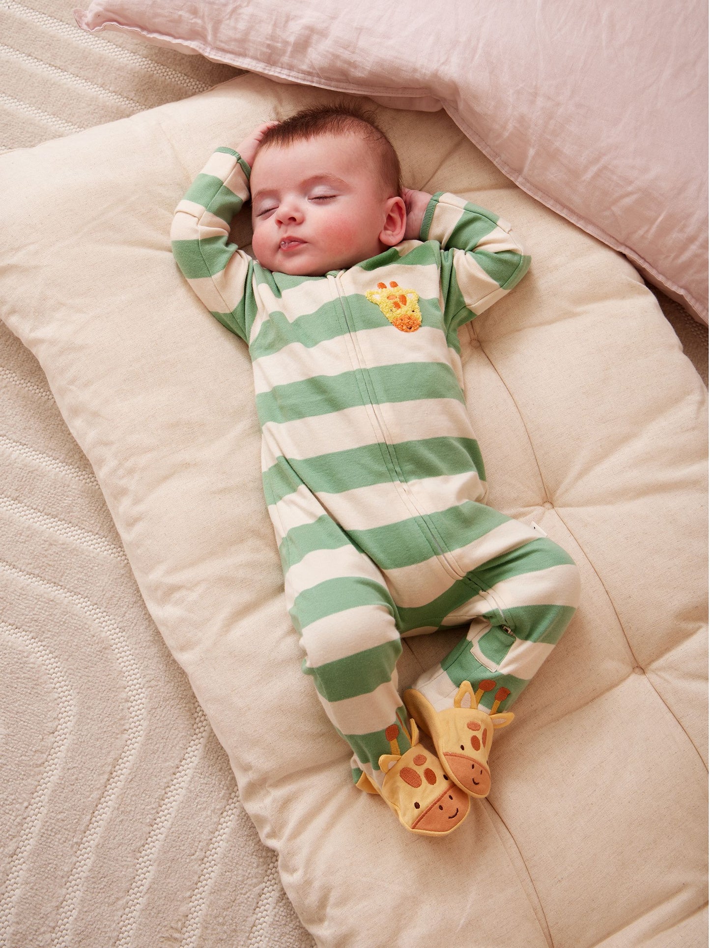 JoJo Maman Bébé Green Giraffe Wide Stripe Character Footed Sleepsuit image 1