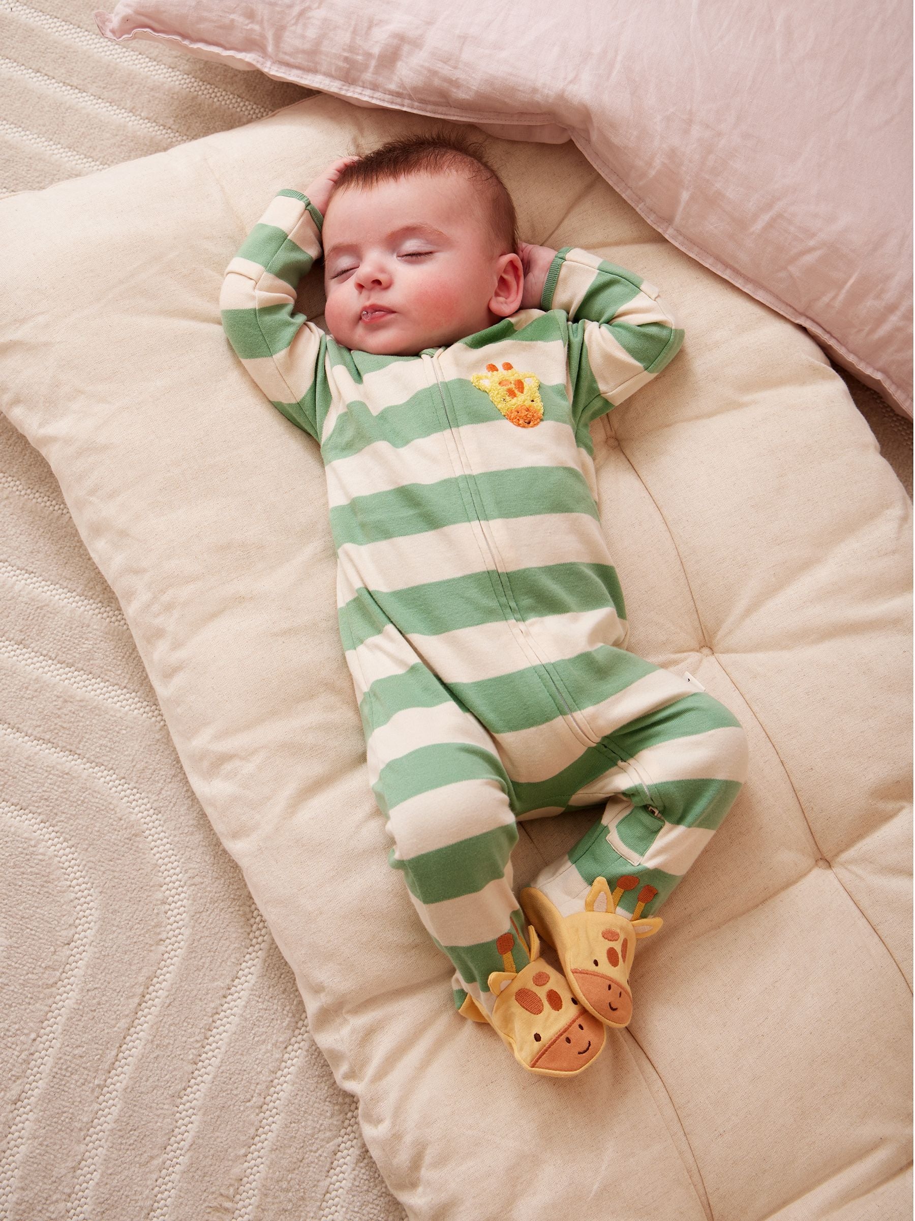 JoJo Maman Bébé Green Giraffe Wide Stripe Character Footed Sleepsuit image 1