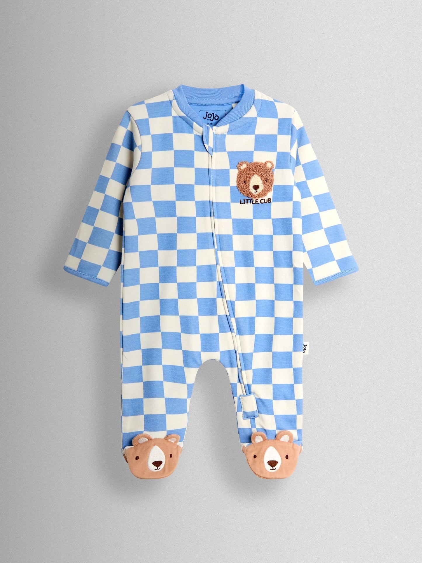 JoJo Maman Bébé Blue Bear Chequered Appliqué Zip Footed Sleepsuit image 1