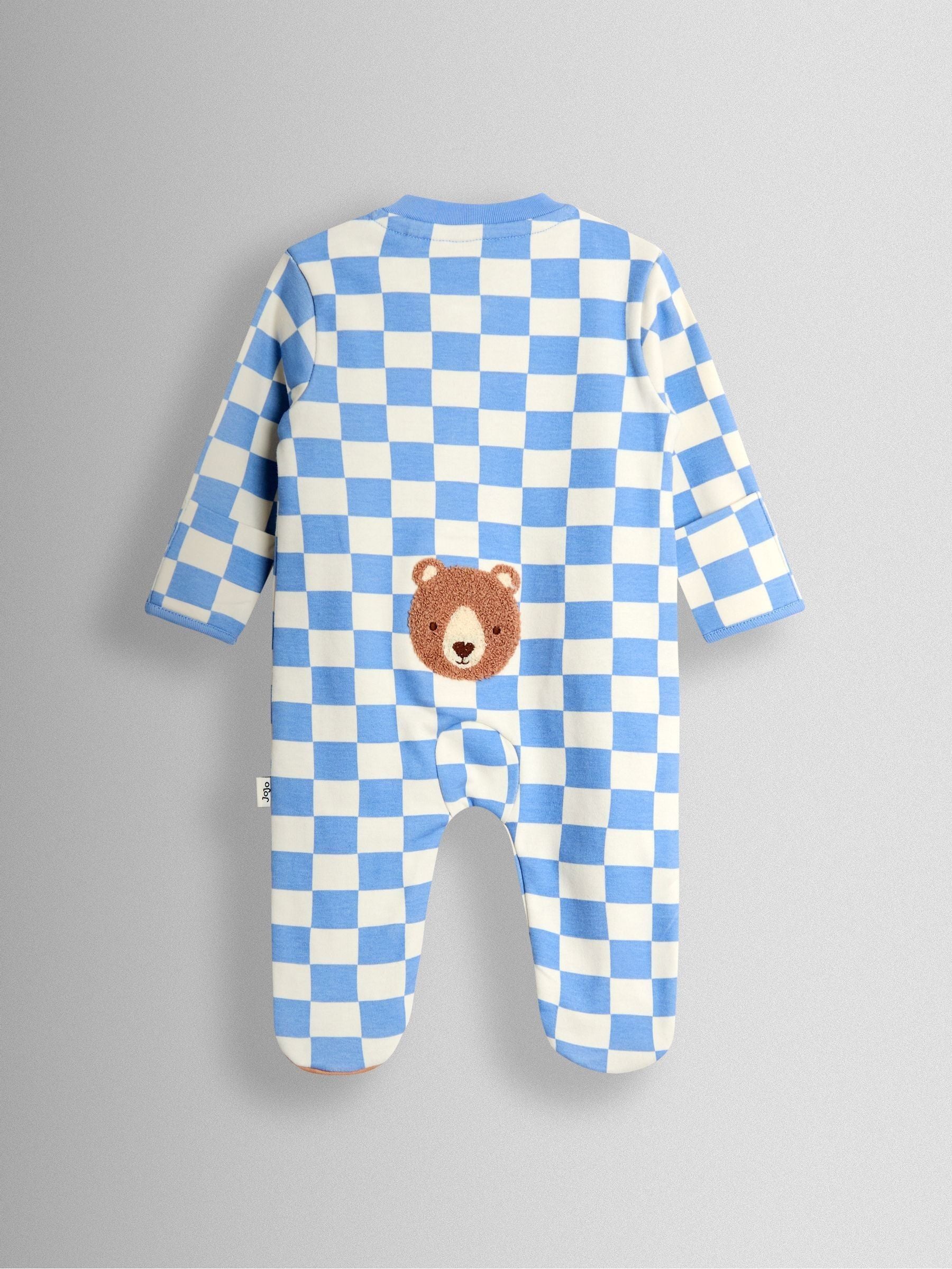 JoJo Maman Bébé Blue Bear Chequered Appliqué Zip Footed Sleepsuit image 2