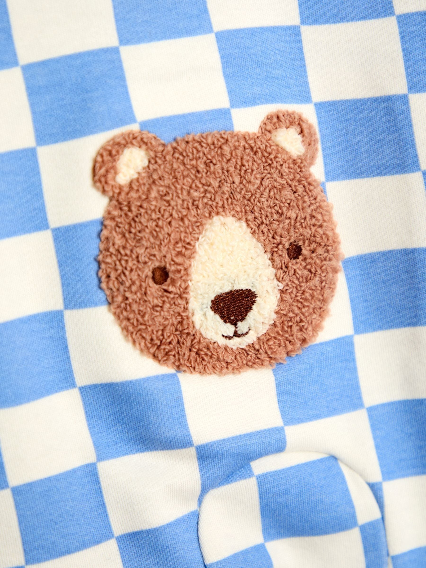 JoJo Maman Bébé Blue Bear Chequered Appliqué Zip Footed Sleepsuit image 4