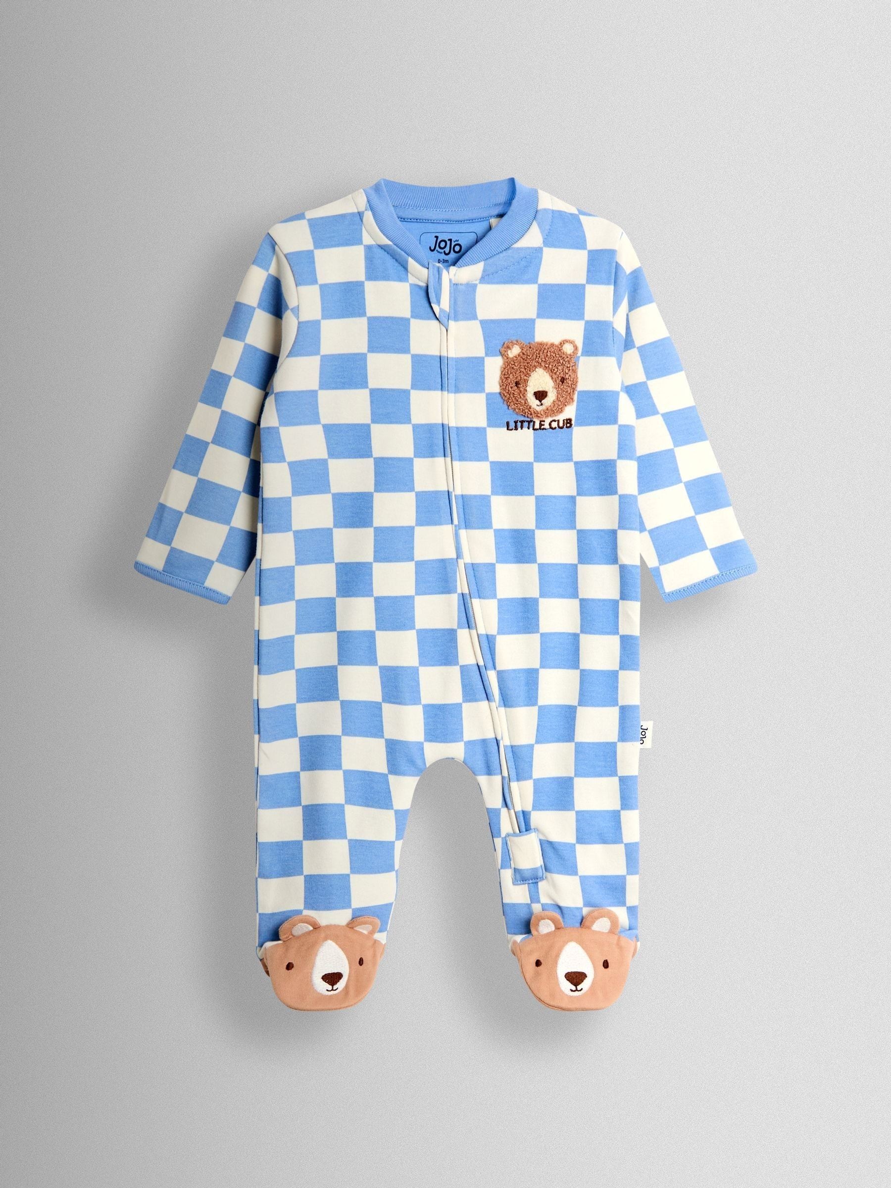 JoJo Maman Bébé Blue Bear Chequered Appliqué Zip Footed Sleepsuit image 1