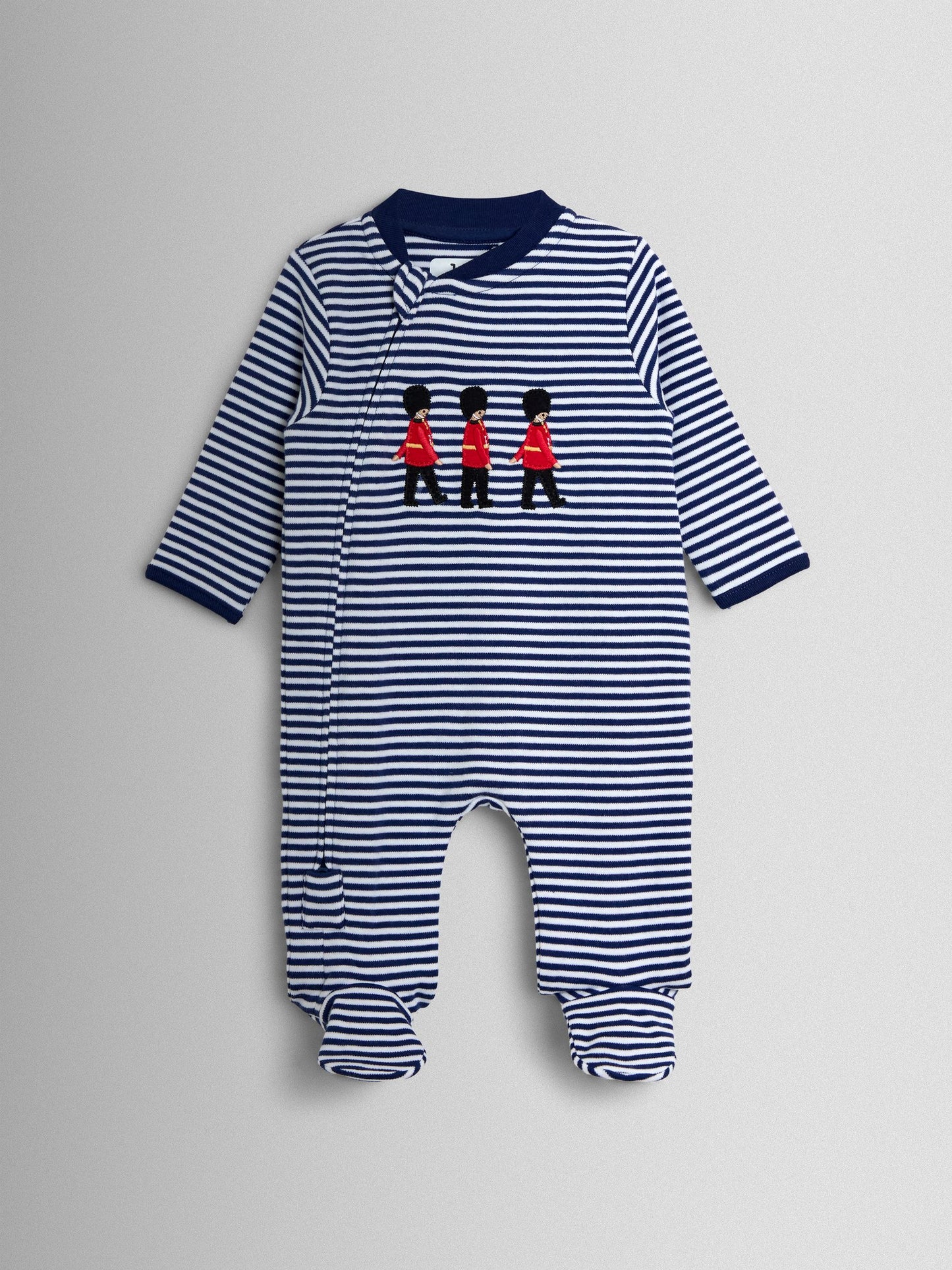 JoJo Maman Bébé Navy Stripe Soldier Organic Cotton Footed Stripe Applique Sleepsuit image 1