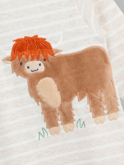 JoJo Maman Bébé Natural Highland Cow Stripe Appliqué Zip Footed Sleepsuit image 2