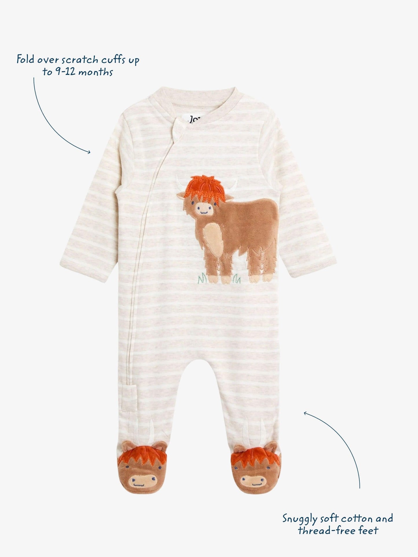 JoJo Maman Bébé Natural Highland Cow Stripe Appliqué Zip Footed Sleepsuit image 3