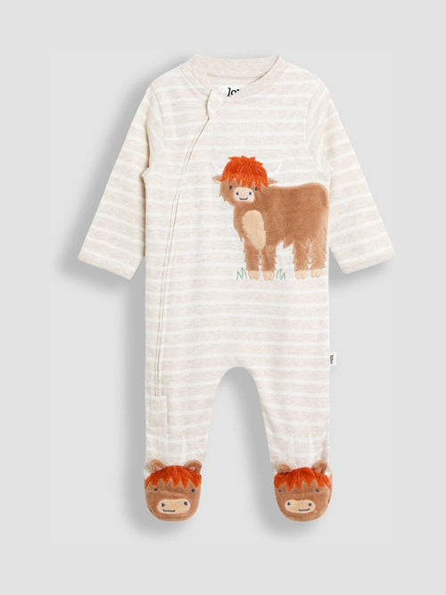 JoJo Maman Bébé Natural Highland Cow Stripe Appliqué Zip Footed Sleepsuit image 1
