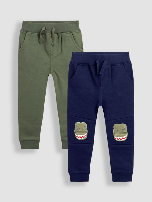 JoJo Maman Bébé Navy Blue T-Rex 2-Pack Appliqué Knee & Plain Joggers image 1