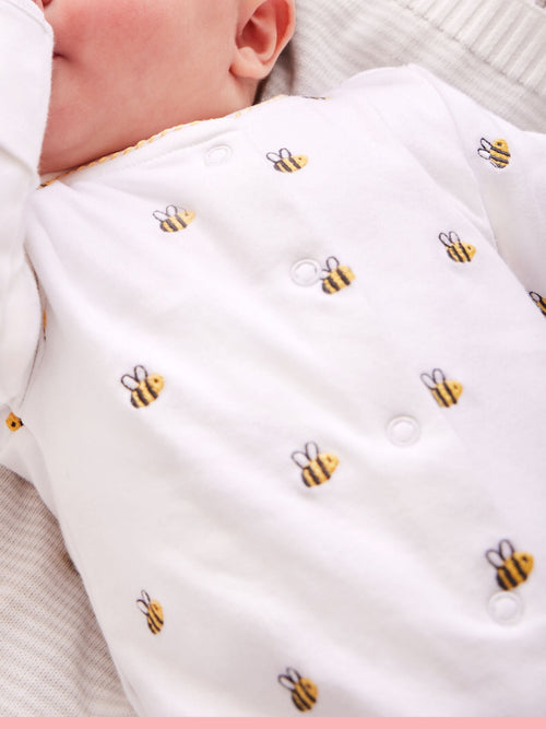 JoJo Maman Bébé White Bee Organic Cotton Embroidered Sleepsuit image 1