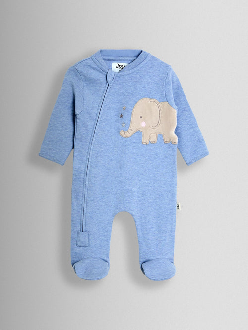 JoJo Maman Bébé Blue Elephant 100% Cotton Footed Appliqué Sleepsuit image 1
