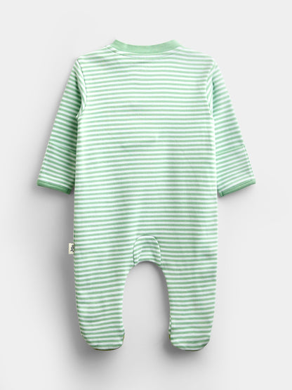 JoJo Maman Bébé Green Stripe Fruit & Veg Appliqué Zip Sleepsuit image 2