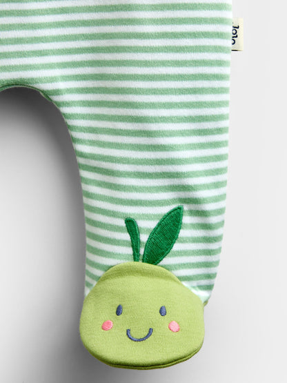 JoJo Maman Bébé Green Stripe Fruit & Veg Appliqué Zip Sleepsuit image 3