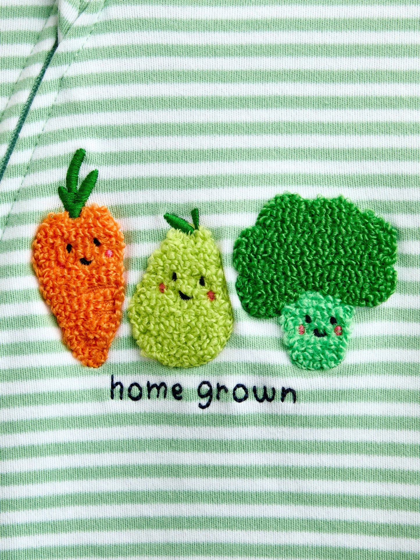 JoJo Maman Bébé Green Stripe Fruit & Veg Appliqué Zip Sleepsuit image 5