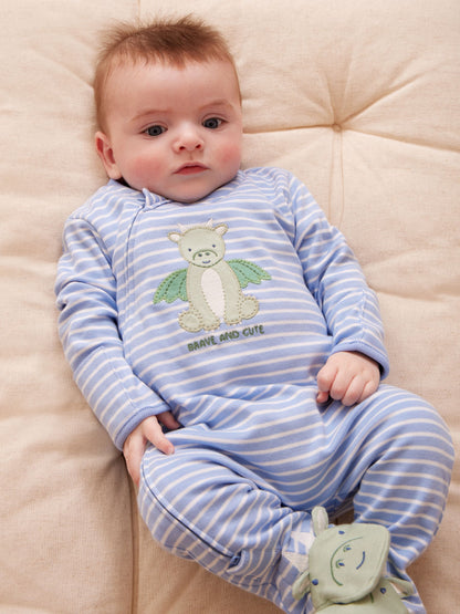 JoJo Maman Bébé Blue Striped Dragon 100% Cotton Footed Stripe Appliqué  Sleepsuit image 1