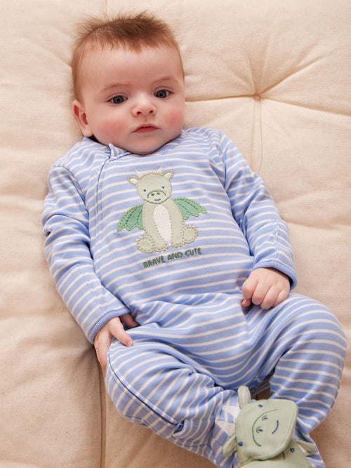 JoJo Maman Bébé Blue Striped Dragon Stripe Appliqué Zip Footed Sleepsuit image 1