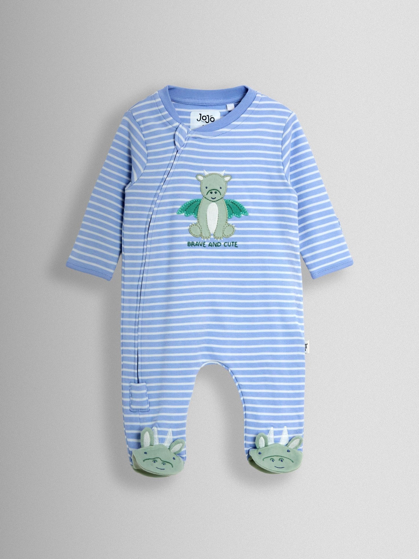 JoJo Maman Bébé Blue Striped Dragon 100% Cotton Footed Stripe Appliqué  Sleepsuit image 2