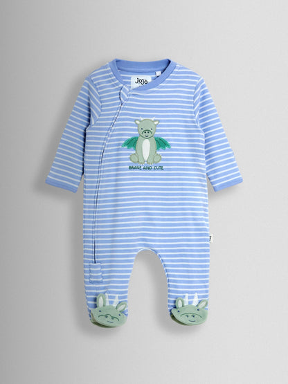 JoJo Maman Bébé Blue Striped Dragon 100% Cotton Footed Stripe Appliqué  Sleepsuit image 2