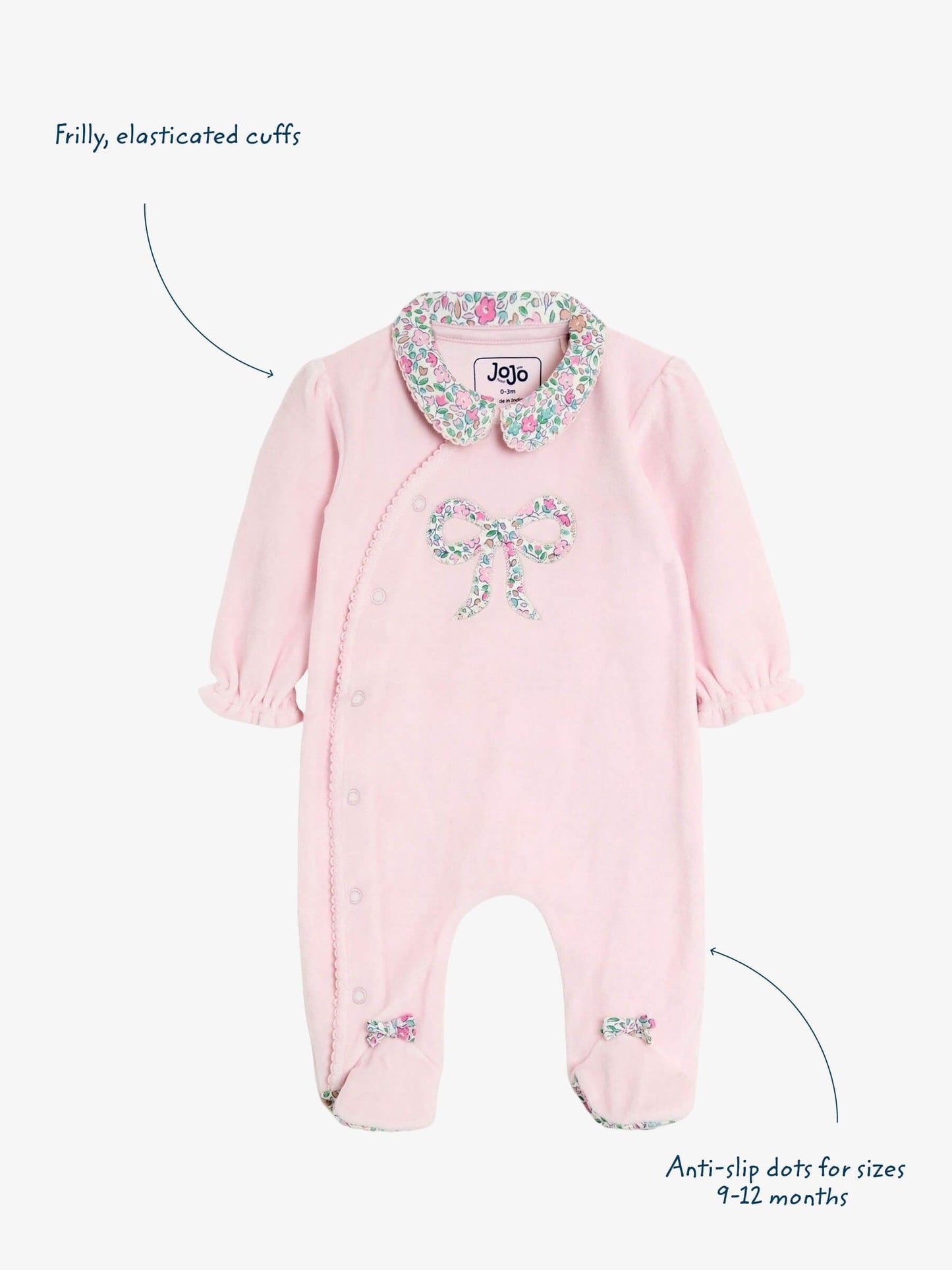 JoJo Maman Bébé Pink Bow Ditsy Floral Velour All-In-One image 3